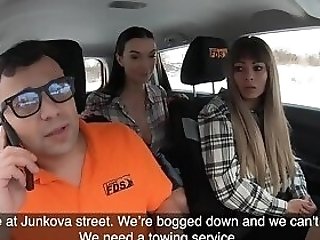 Faux Driving School Backseat Threesome With Big Tits