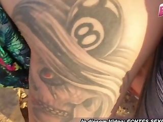 German Skinny Tattoo Tourist Mummy At Outdoor Allurement With Facial Cumshot